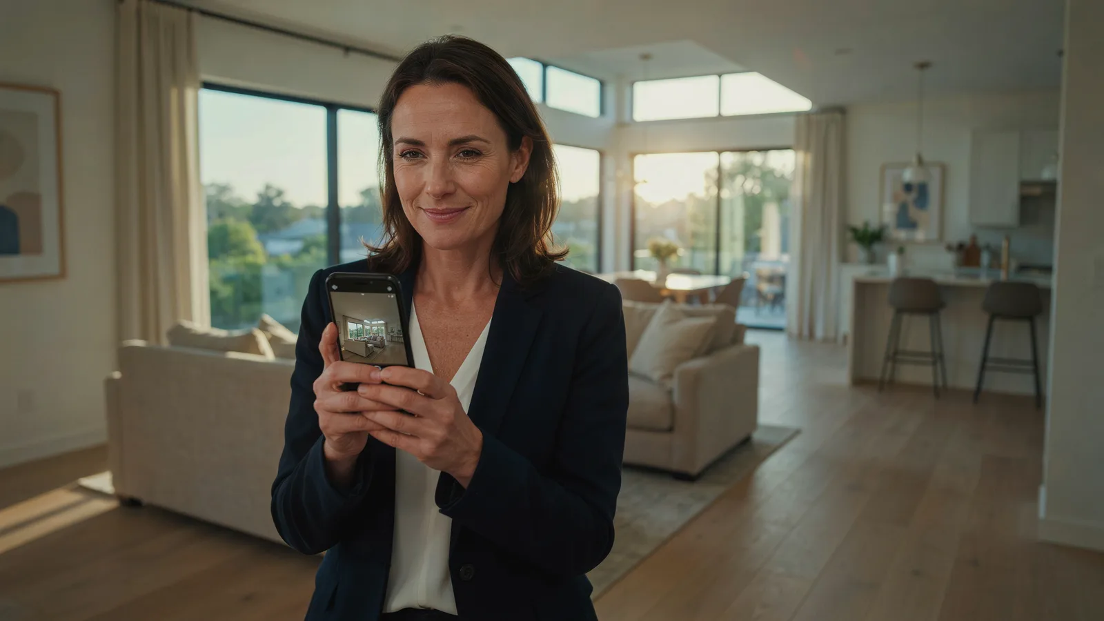 Agent holding a phone that plays an AI real estate video of the living room she is standing in