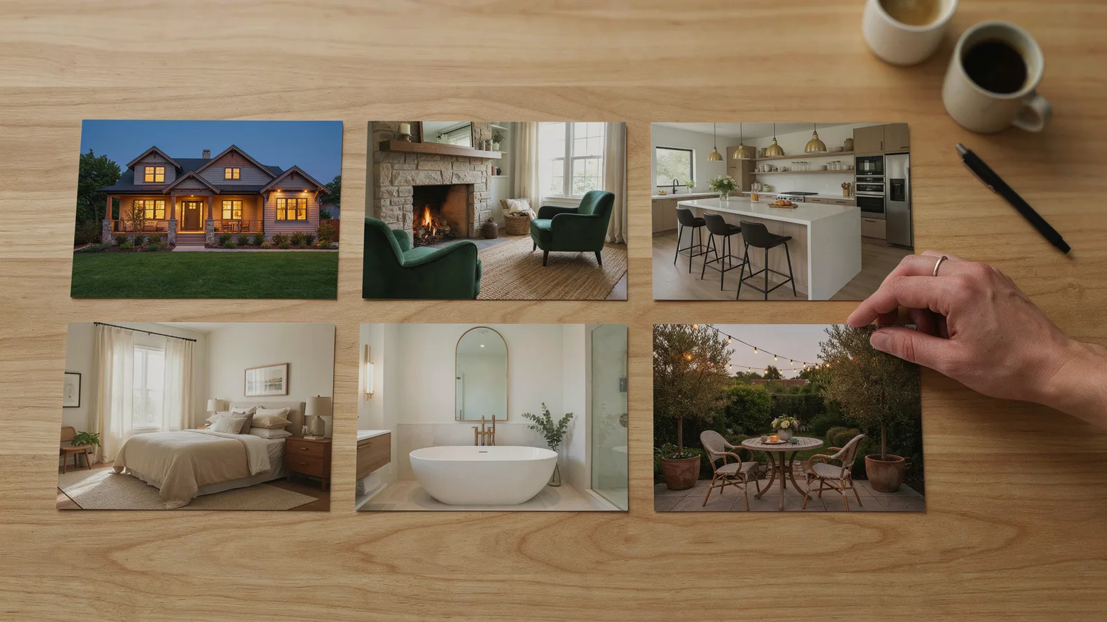 Printed listing photos laid out in walk-through order for an AI real estate video