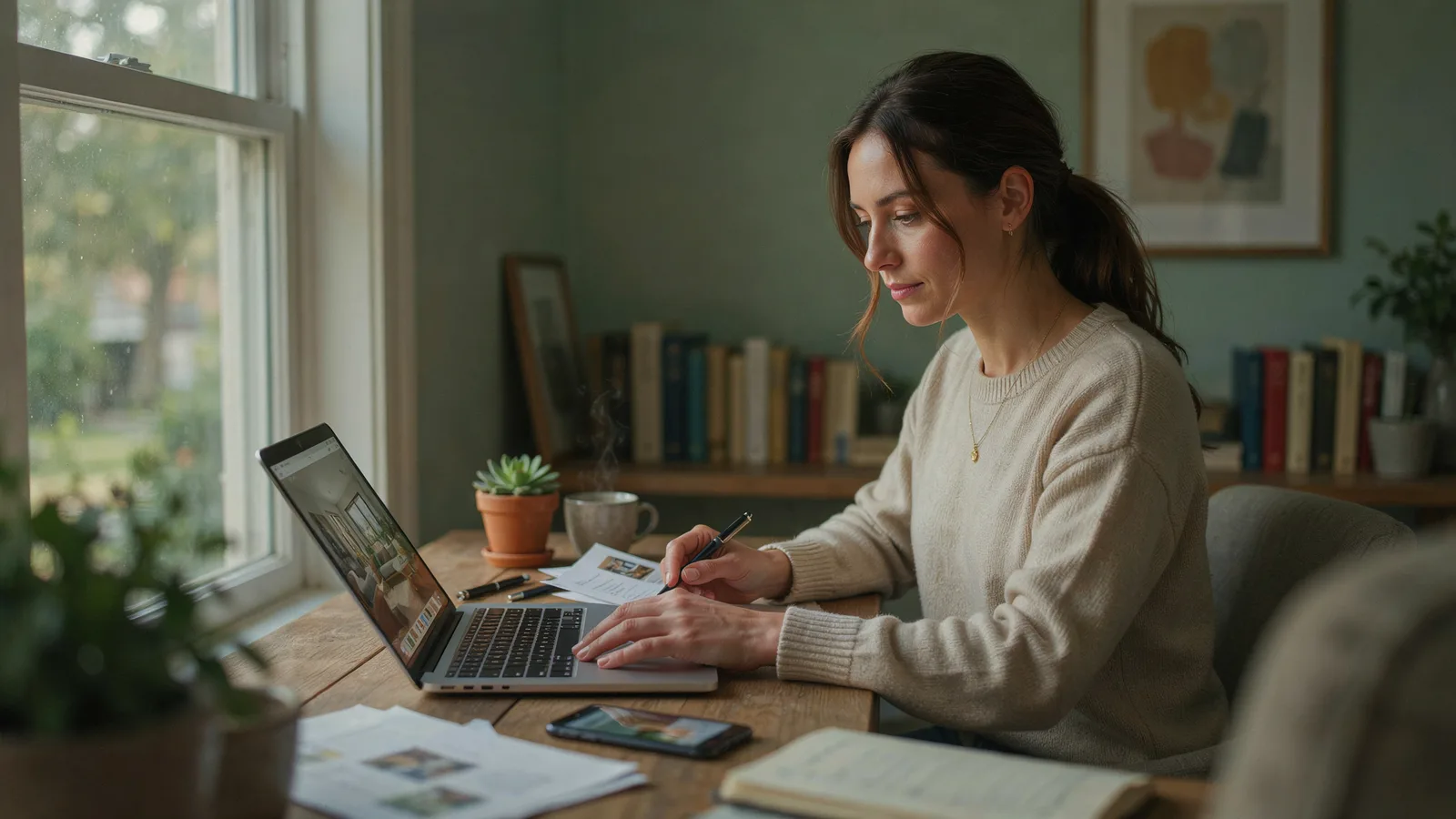 Real estate agent using AI tools for real estate agents on a laptop and phone at a sunny home office desk