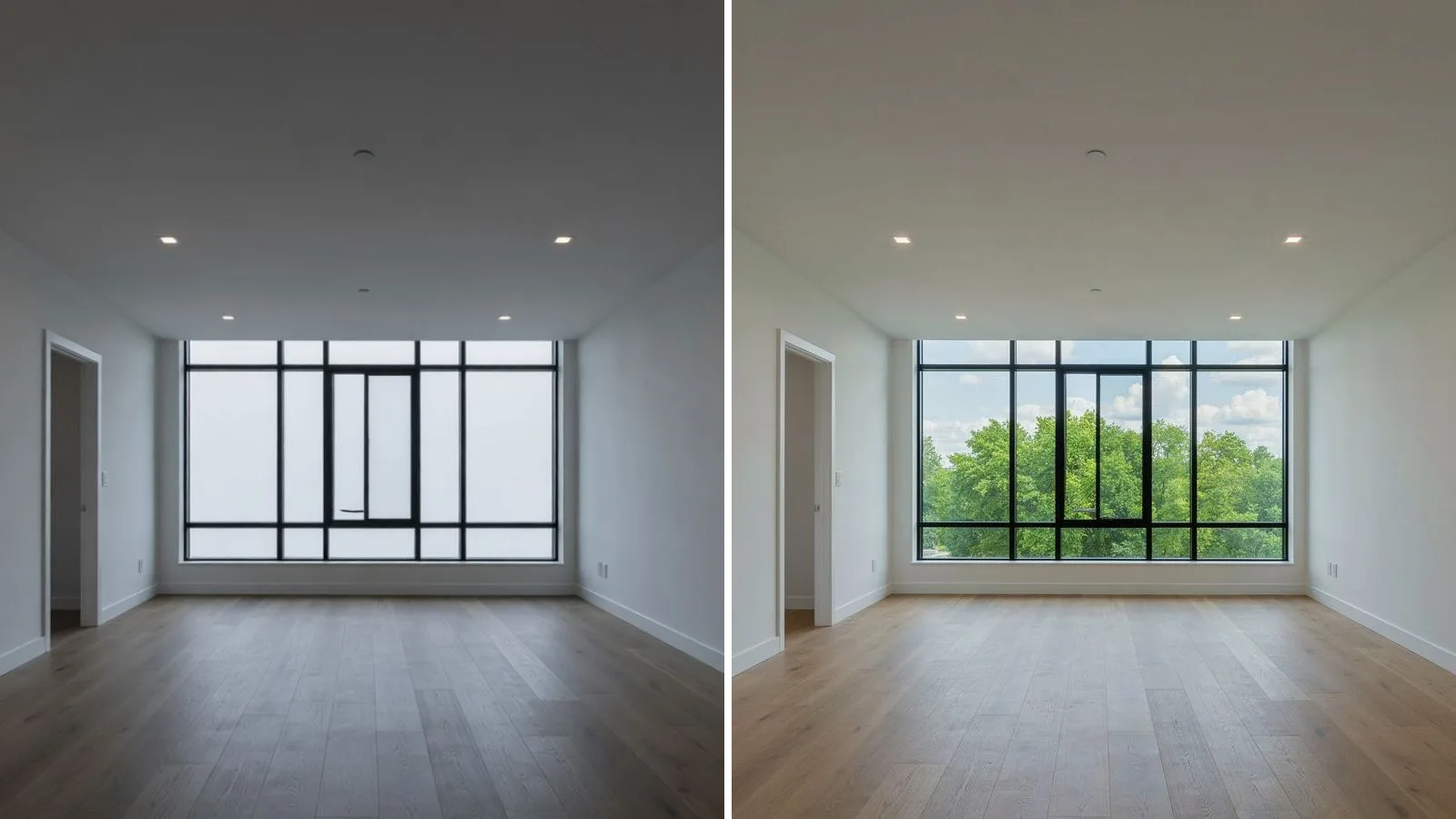 The same empty living room before and after AI photo editing for exposure and color