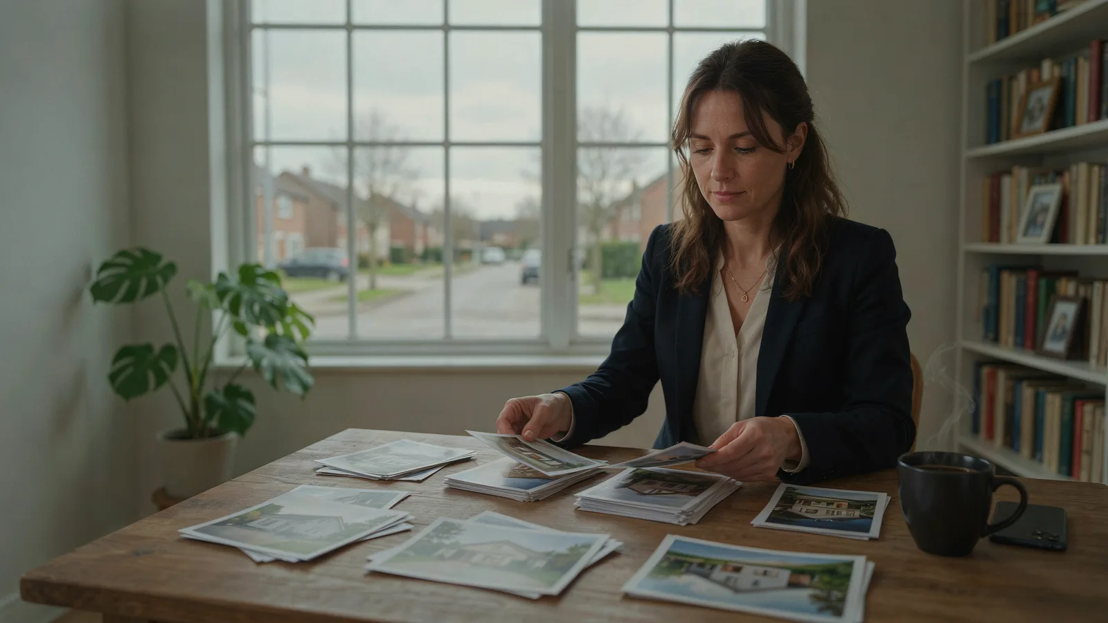 Agent at a home office desk sorting printed listing photos, with a phone lying beside them