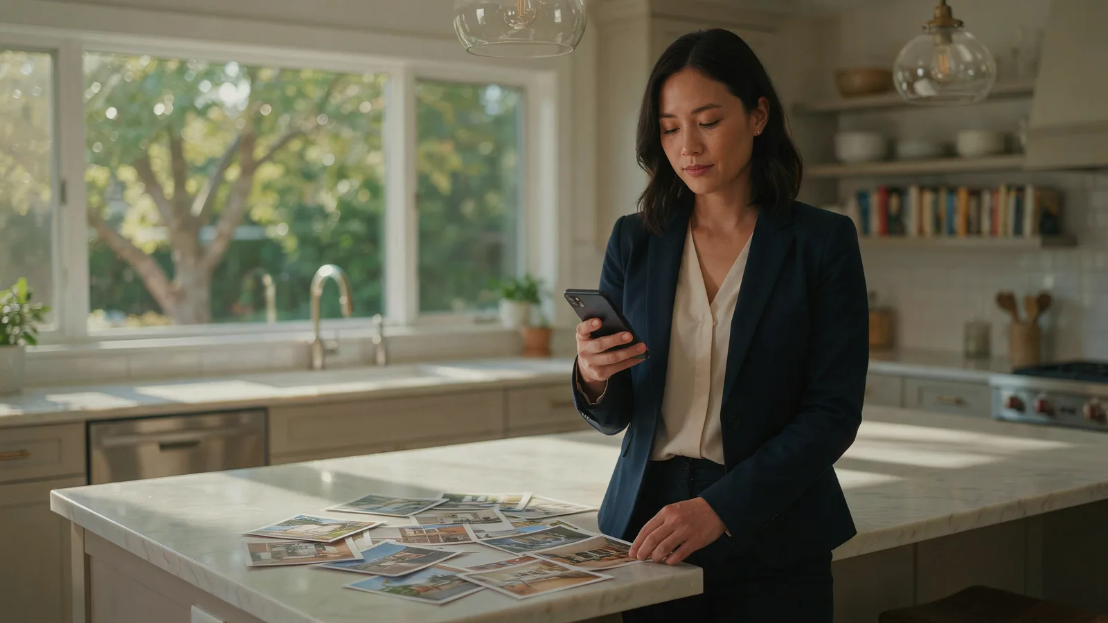 Agent at a kitchen island looking at her phone, with printed listing photos spread on the counter
