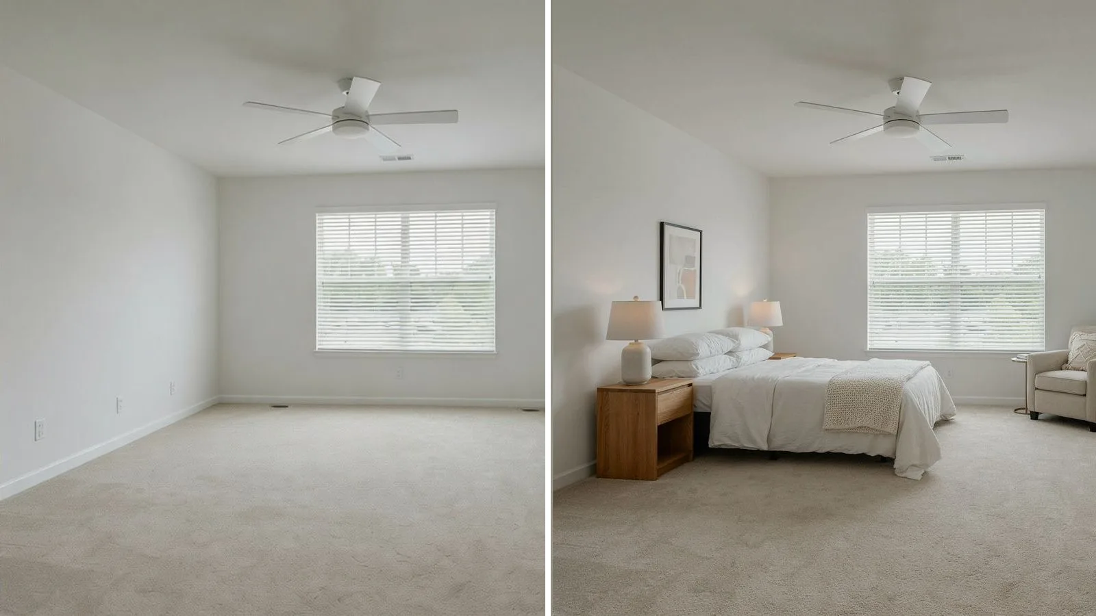 AI virtual staging before and after: the same empty bedroom on the left and furnished with a queen bed, nightstand and reading chair on the right, with the window, ceiling fan and carpet unchanged