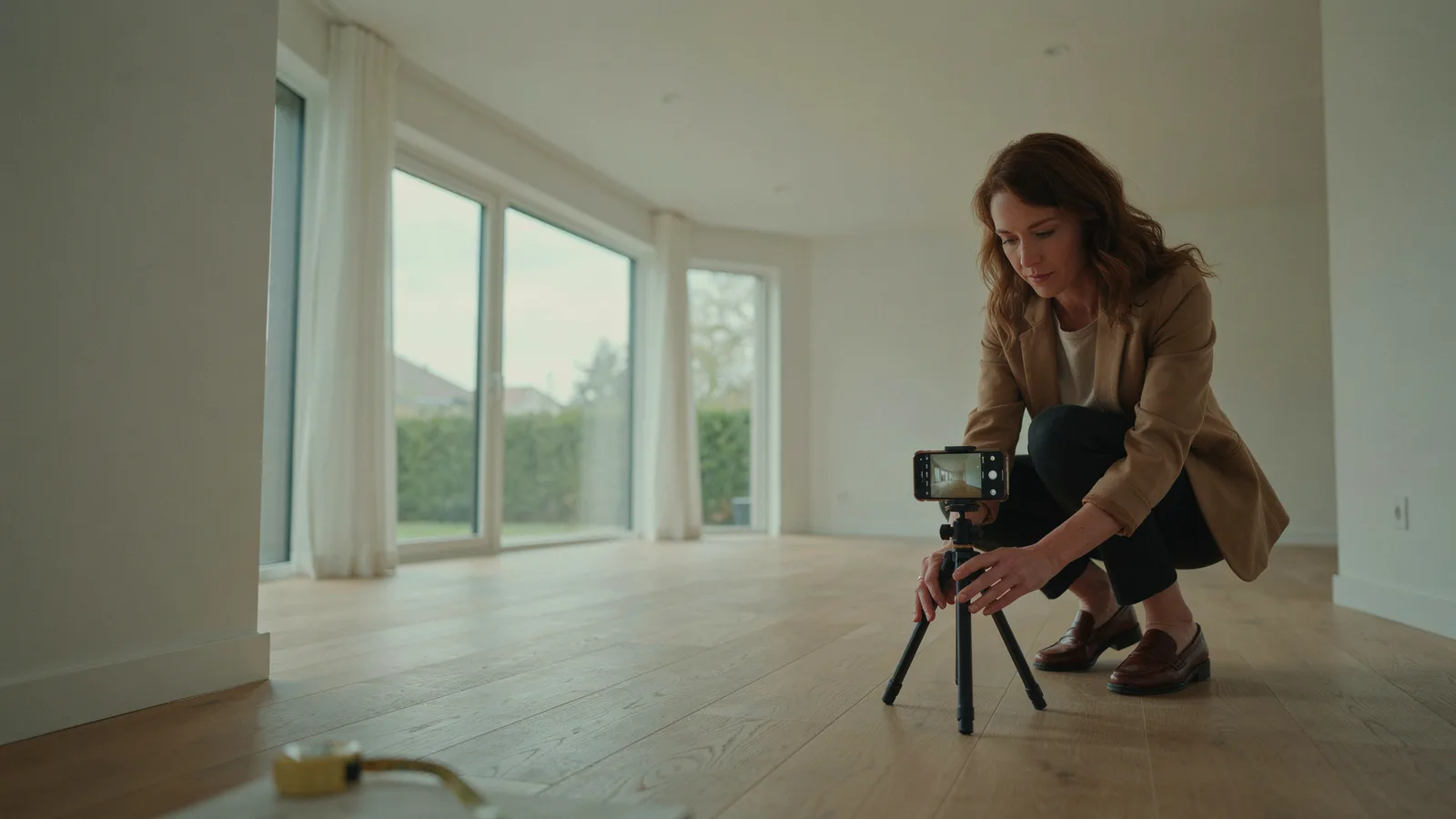 Free virtual staging starts with a good photo: a real estate agent shoots an empty, sunlit living room with a phone on a small tripod