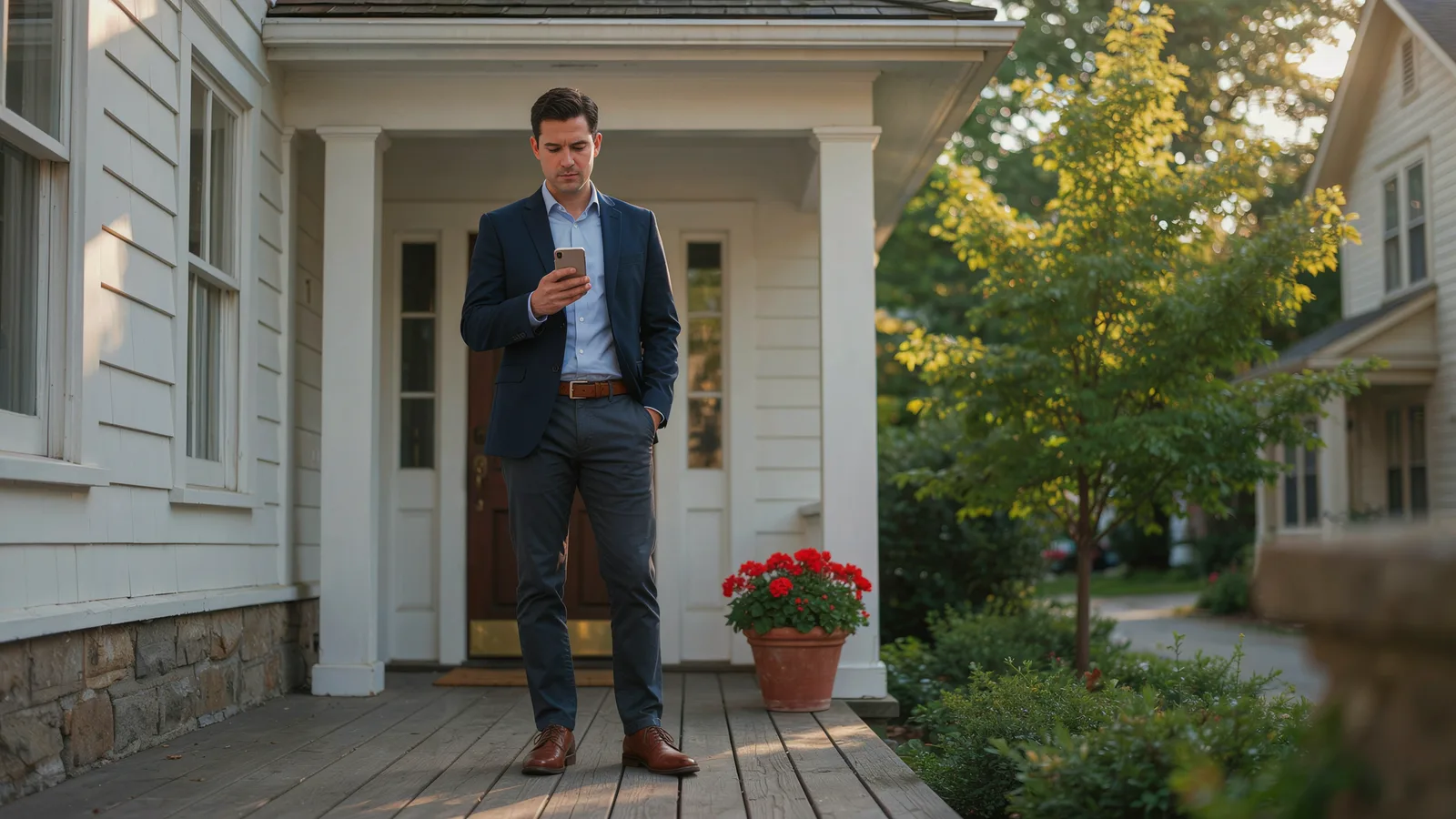 Agent on a front porch checking a Just Listed video of the house on her phone