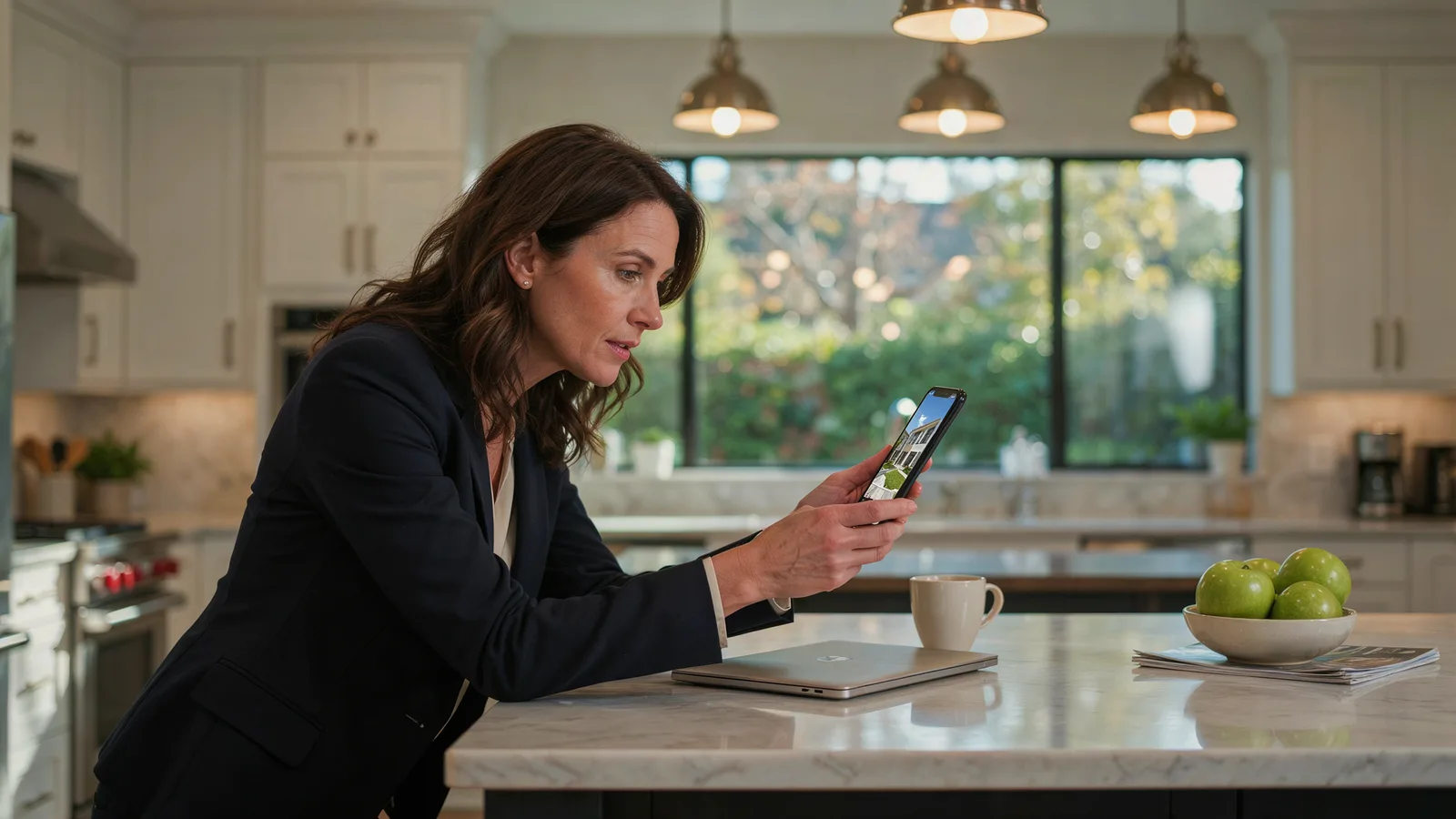 Agent at a kitchen island scrolling a vertical listing video on her phone