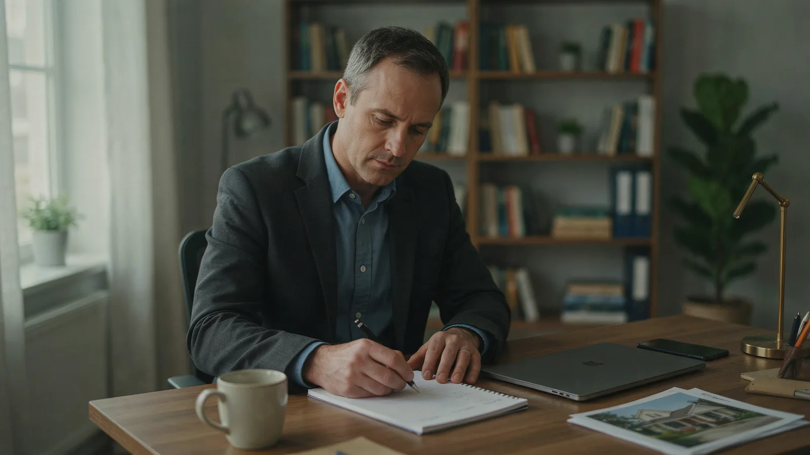 Agent at a home office desk comparing listing marketing costs on a notepad
