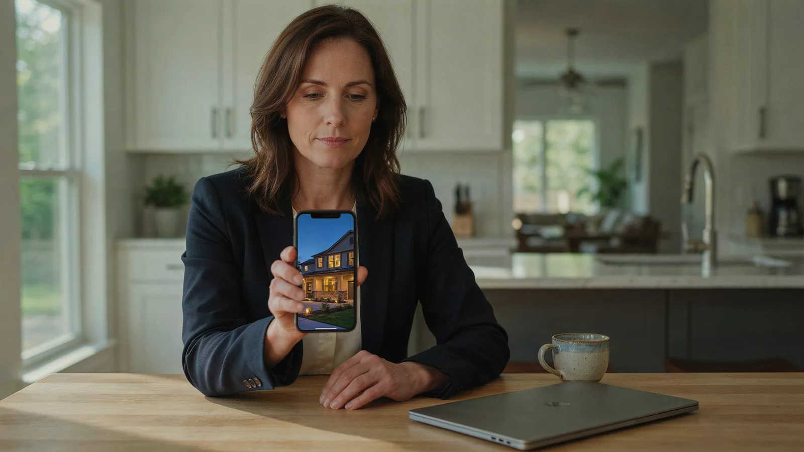 Real estate agent checking a vertical listing video for real estate Facebook ads on her phone in a bright kitchen