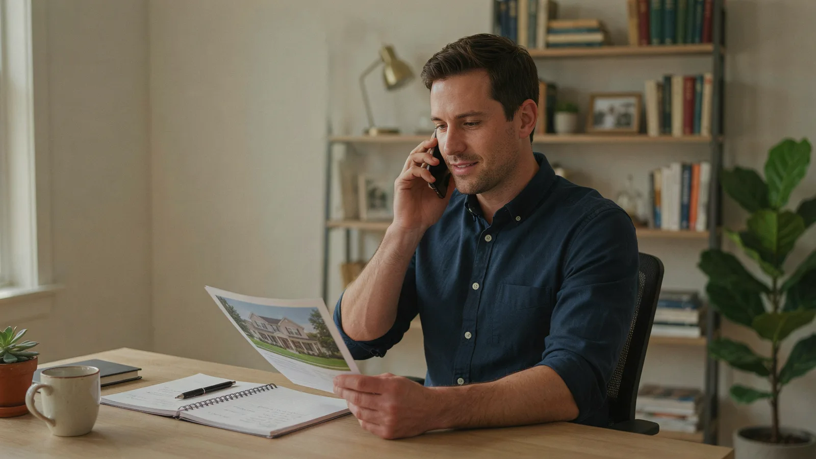 Real estate agent calling a Facebook ad lead from his home office desk