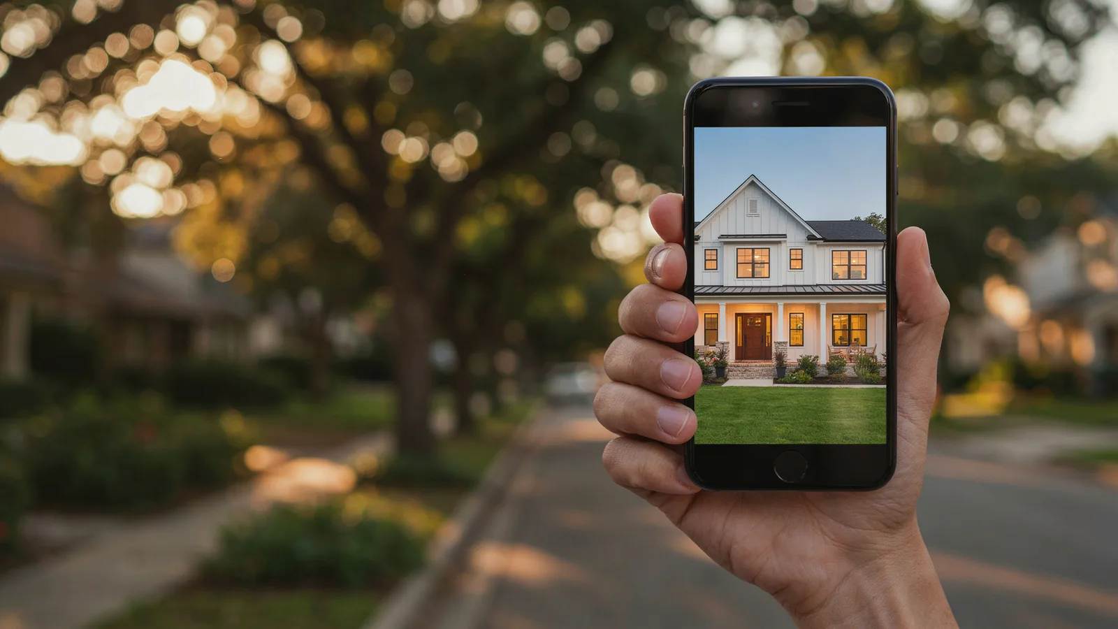 A smartphone held upright showing a vertical real estate video ad of a farmhouse-style home at dusk