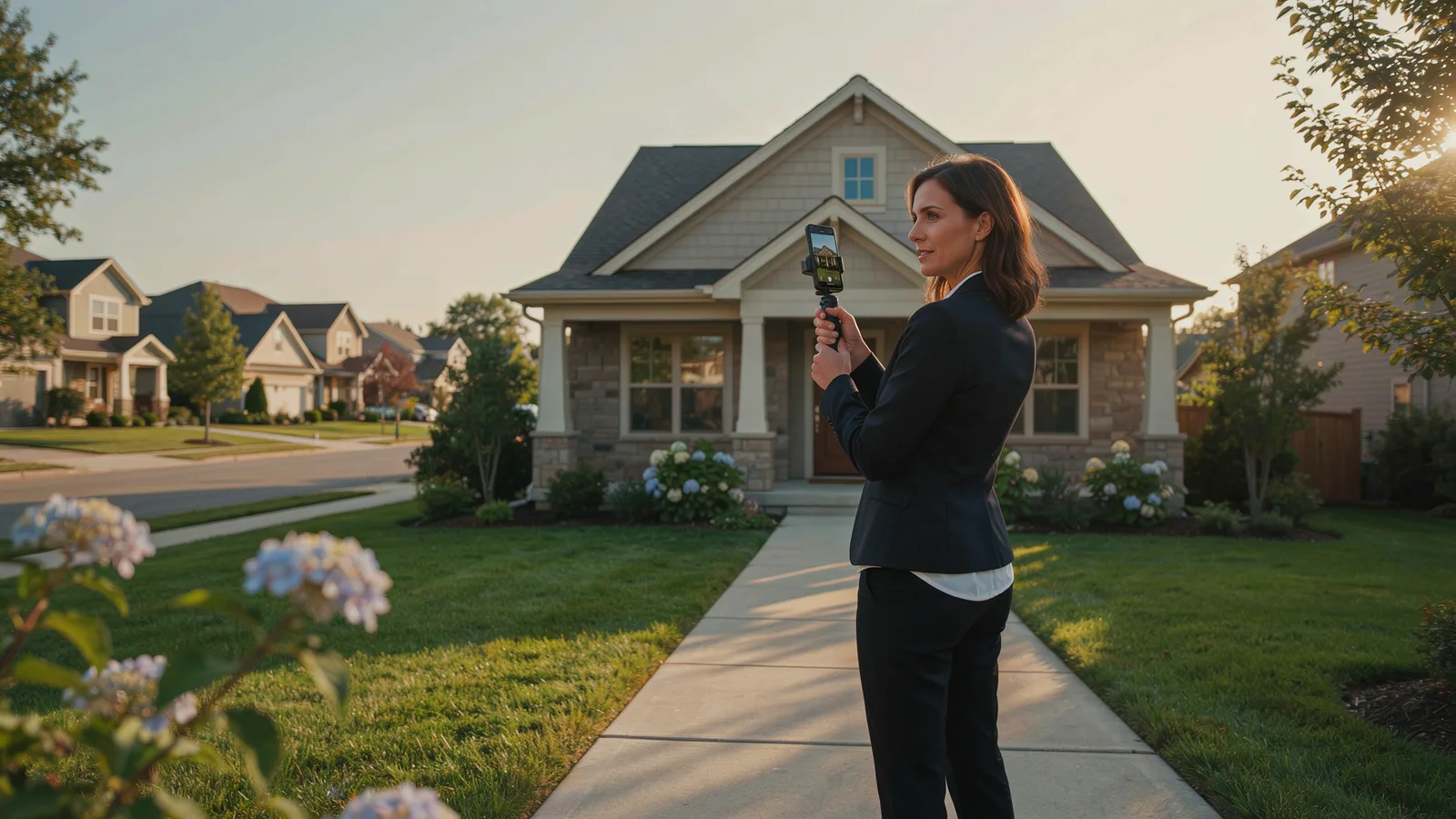 Real estate agent filming a house on her phone to make real estate social media posts