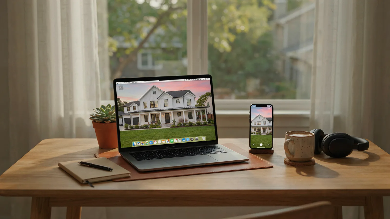 Laptop and phone on a home office desk during real estate video editing of a farmhouse listing
