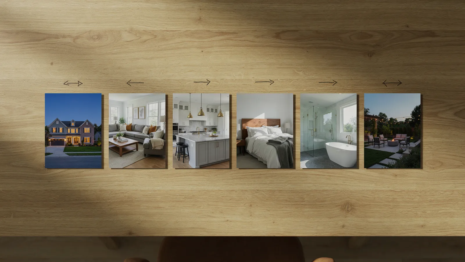 Listing photos laid out in shot order for real estate video editing, from the house front to the backyard