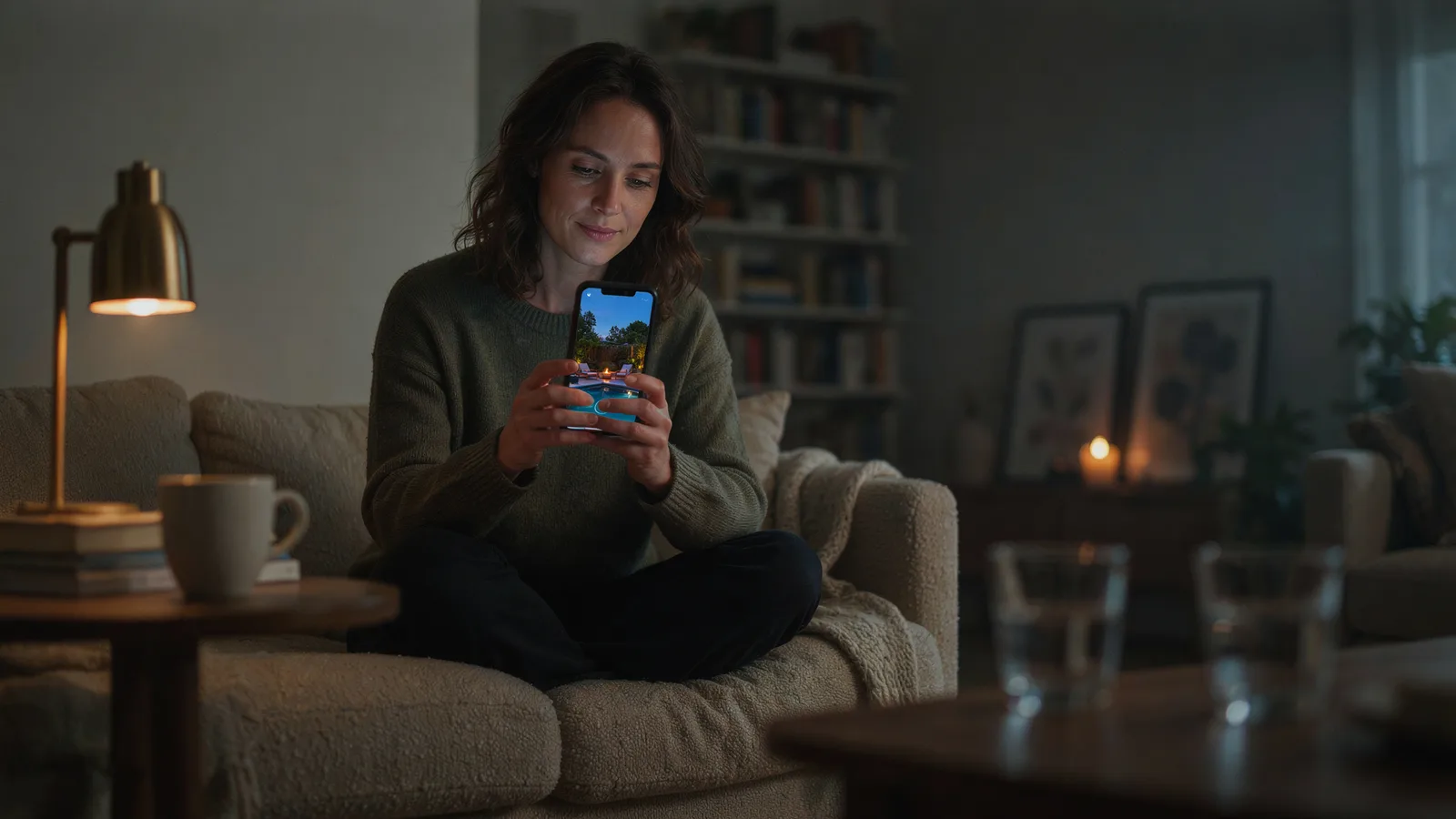 A buyer watching a vertical listing video Reel on her phone in the evening