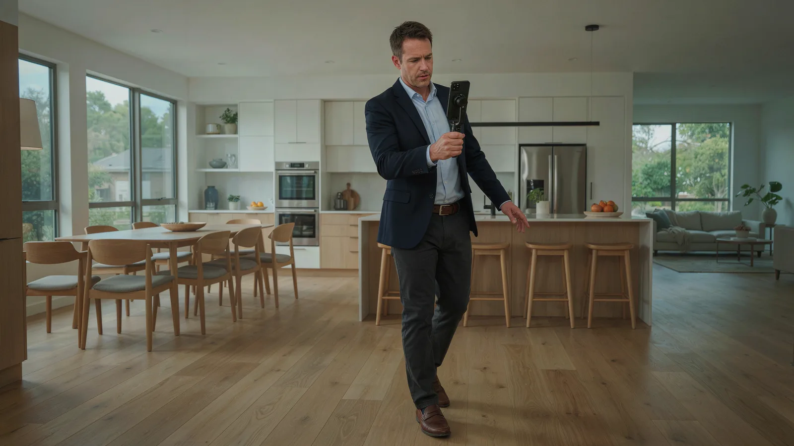 Agent filming a kitchen walkthrough on a phone gimbal for real estate video marketing