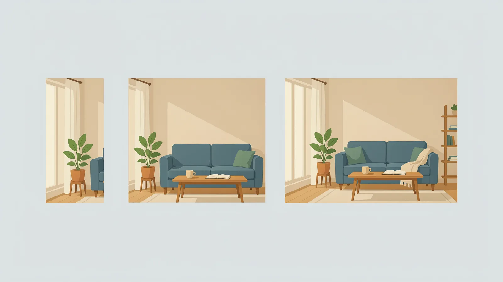 One real estate listing video exported in vertical, square and wide shapes for Reels, feeds and YouTube