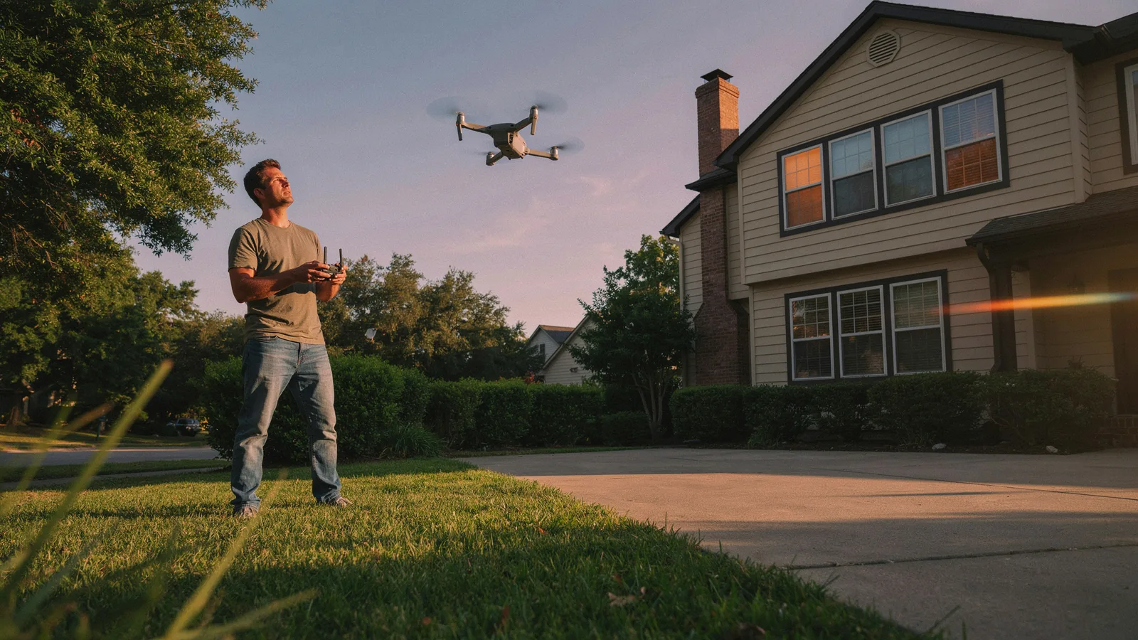 Real estate drone video shot of a suburban home at golden hour, pilot on the front lawn