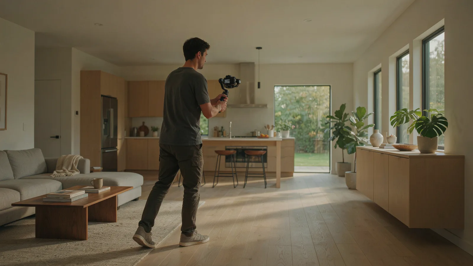Real estate videography shoot: videographer filming a bright living room with a camera on a gimbal