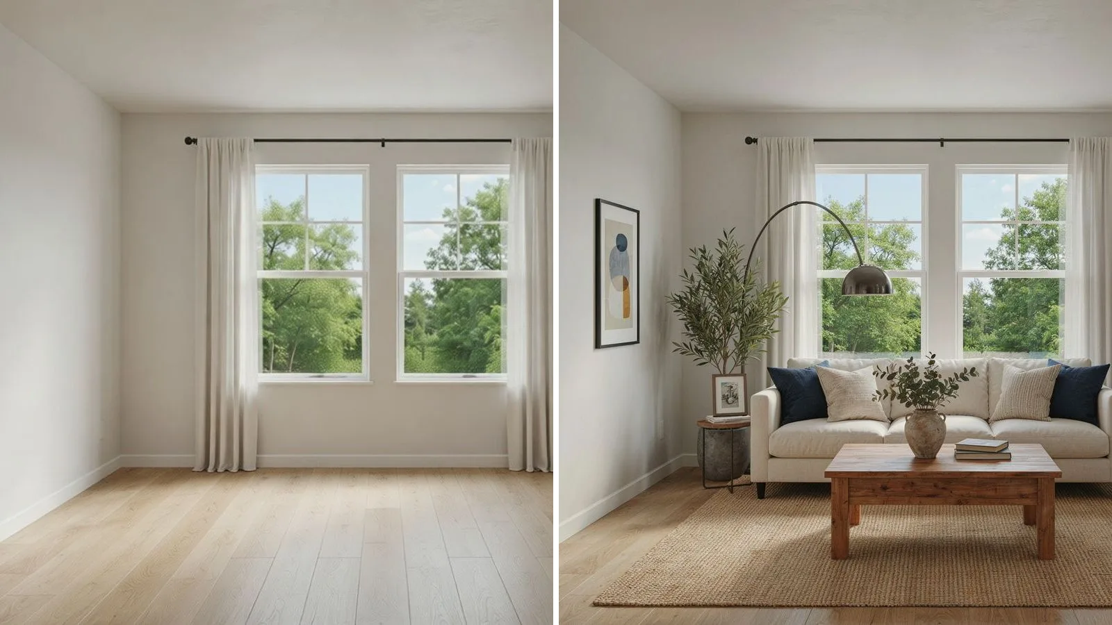Virtual staging before and after: the same empty living room shown bare on the left and furnished on the right, with the windows and floor unchanged