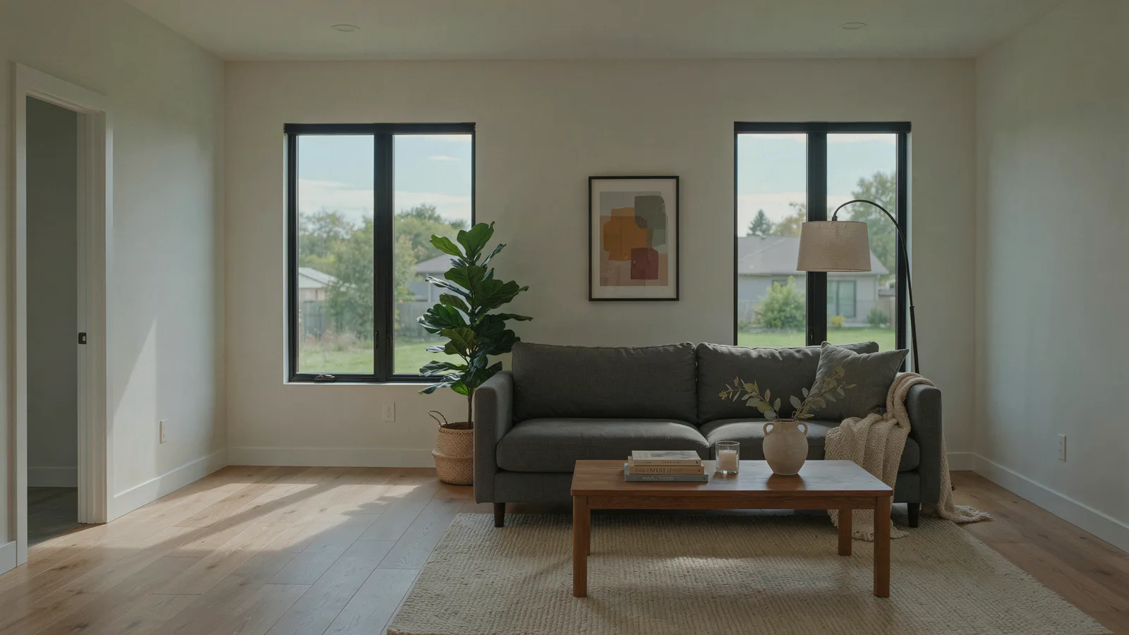 Virtual staging of a sunlit living room in a modern home, furnished with a gray sofa, wool rug and walnut coffee table