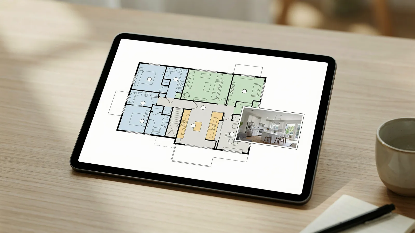 A tablet showing an interactive floor plan where rooms link to their photos, the kind of view a Zillow Showcase listing offers
